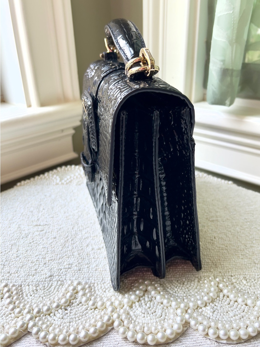 New Brahmin Leather SMALL HALLIE Satchel Bag, Croc-Embossed, Black Melbourne - Picture 5 of 10